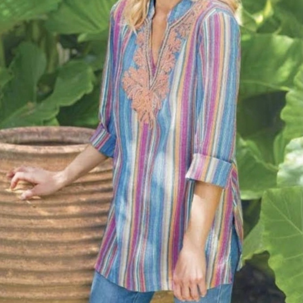Soft Surroundings Turin Cotton Colorful Striped Beaded Tunic Top Women’s Large